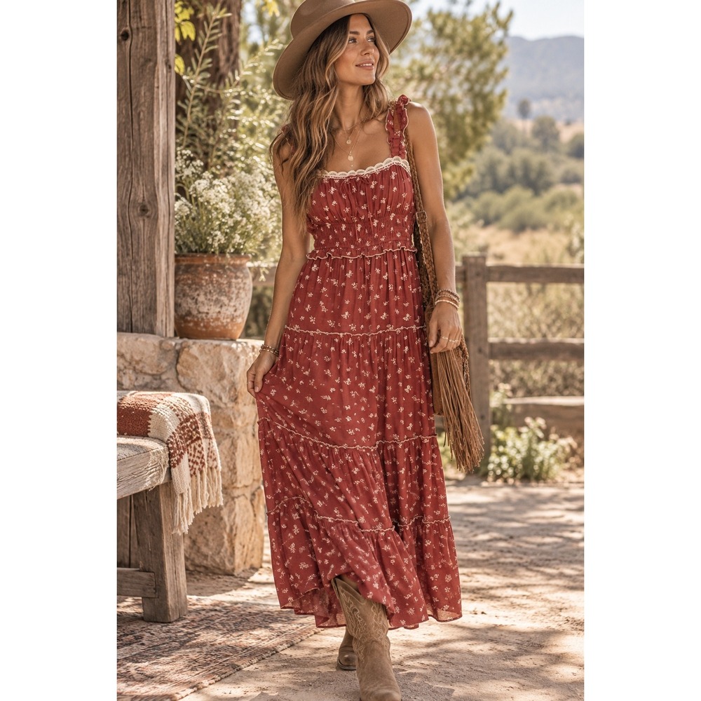 Rowa Floral Smocked Tiered Maxi Dress Ruffle Lace Trim Red Boho Cottagecore